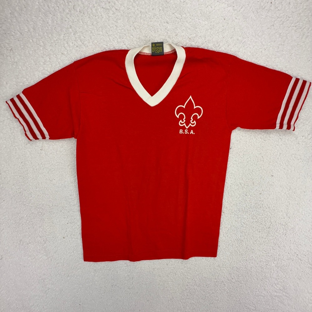 Vintage Boy Scouts of America BSA Jerzees Russell Red V-Neck T-Shirt Youth Large